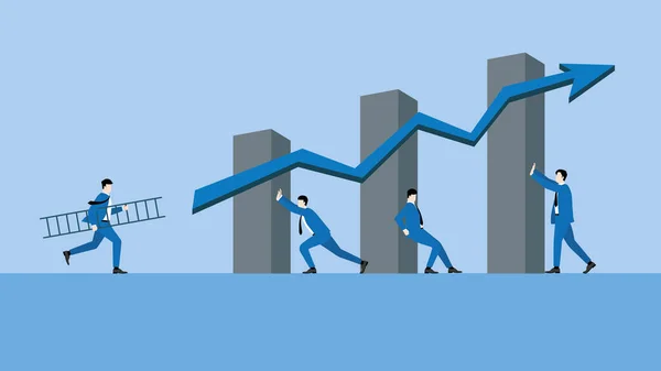 Teamwork and business growth concept. Business leader hold a ladder and run to the growing bar economic graph with an arrow up. Supporting by business people teamwork holding chart in successful way.