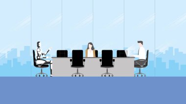 Gelecekteki iş konseptindeki teknoloji. İnsanlar ve yapay zeka fütüristik mekanizma robotu ofis konferans odasında iş toplantısı sırasında takım çalışması olarak birlikte çalışıyorlar. Düz tasarım biçimi.