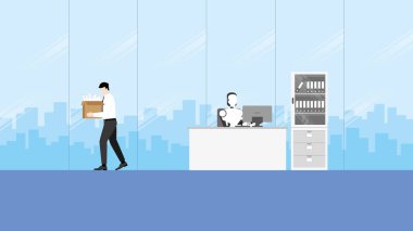 Robot insanların yerini alıyor ve onları değiştiriyor. İnsanlar olmadan çalışan yapay zeka mekanizması ve kovulan işçi. Gelecekteki bir iş için teknoloji ve işsizlik kavramları.