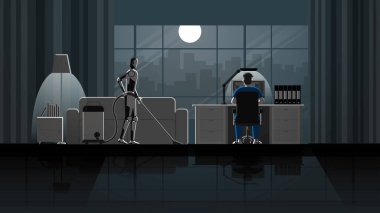 Robot Yapay Zeka Mekanizması temizlendi ve insanlarla dolu ay ışığında 24 saat boyunca evde hizmetçi olarak çalıştı. Oturma odasındaki masaüstü bilgisayarında çalışan bir adam..