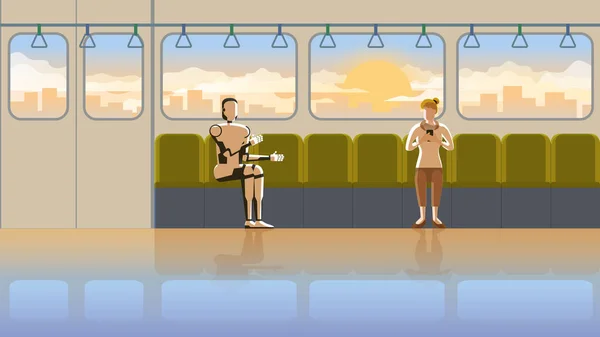 早朝の日の出に電車の公共交通機関でスマートフォンを使用している間 女性が座ってロボットがチャットを話すのを聞いています 将来的には サイボーグは人々の日常生活の一部となるでしょう — ストックベクタ