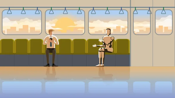 Muž Sedí Poslouchá Robota Mluvit Chatování Zatímco Pomocí Smartphonu Vlaku — Stockový vektor