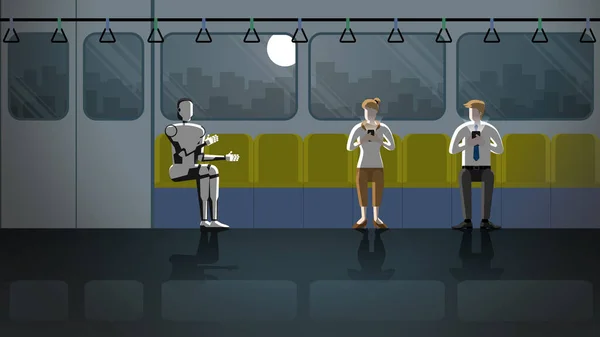 男人和女人坐在那里听着机器人聊天 同时在黑暗的夜晚和满月的时候用智能手机在火车上乘坐公共交通工具 在未来 机器人将成为人们日常生活的一部分 — 图库矢量图片