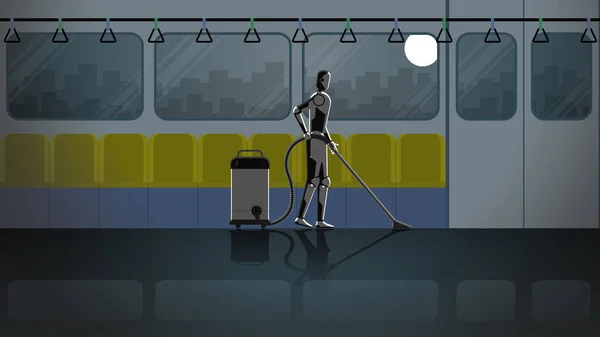 Robôs Substituem Humanos Mecanismos Inteligência Artificial Limpam Trabalham Transporte Trem —  Vetores de Stock