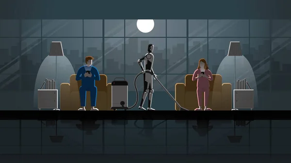 Robot Mécanisme Intelligence Artificielle Nettoyer Travailler Comme Domestique Dans Maison — Image vectorielle