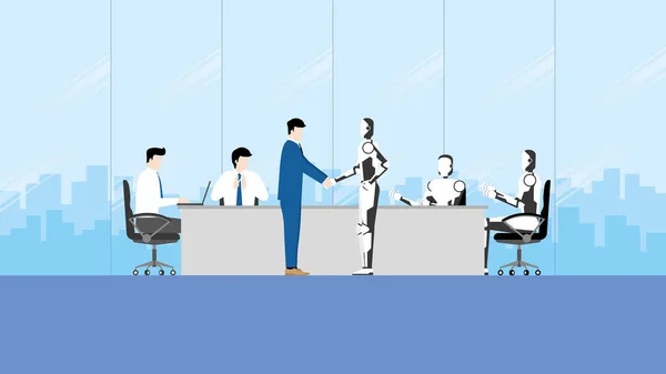 未来概念中商业伙伴之间的协议与合作关系 合资企业在会议室开会 机器人人工智能小组向商人握手致意 — 图库矢量图片