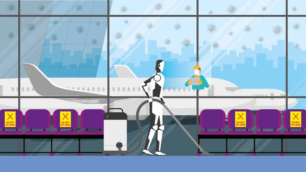 感染症を保護するためのウイルス流行やパンデミックのリスク領域における人間のリモートによる清掃ロボット制御 人工知能メカニズムは 空港ターミナルで自動掃除機を使用します — ストックベクタ