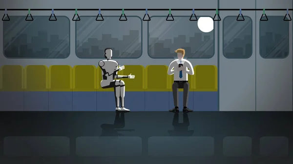 Человек Сидит Слушает Робот Разговаривает Чате Используя Смартфон Поезде Общественного — стоковый вектор