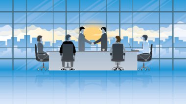 İş adamları el sıkışıyor ve bir ofis konferans odasında iş ortağıyla anlaşma yapıyor. Gün batımında akşam saatlerinde gökyüzünde yapılan ciddi toplantıdan sonra..