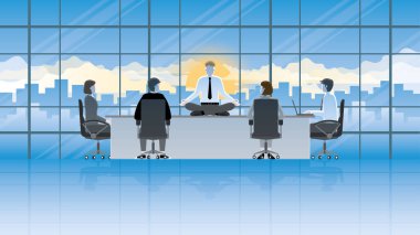 Meditasyon barışçıl zihin işadamı bir ofis konferans odasında bacak bacak üstüne atmış bir şekilde masada oturuyor. İşten sonra mesai arkadaşlarının dikkatini çekerim. İşten sonra alacakaranlıkta günbatımıyla ciddi bir toplantı yaparız..
