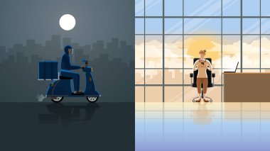 Teslimatçı çok çalışıyor, bütün gece motosiklet sürüyor. Ürünleri sabah bir ofisteki akıllı telefonlu bir alışveriş uygulamasından ürün bekleyen müşterilere ulaştırın ve nakil edin..