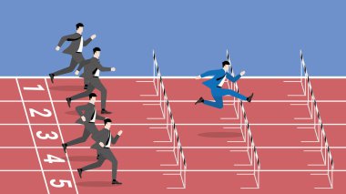 Başarılı iş yarışması konsepti. En hızlı atlayan lider engellerin üstesinden gelir. Diğer rakiplerden farklı bir işadamı daha hızlı ve daha iyi bir başlangıç yaparak rakipleri için yarışıyor.