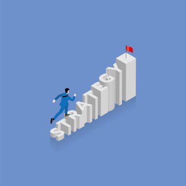 İşadamı koşar ve merdivenlerden çıkar. Merdivenler STRATEGY sözcüğüdür. Üzerinde kırmızı bayrak olan alfabe sırasını ayarlayın. İş konsepti hırs, başarı, meydan okuma, başarı, motivasyon.