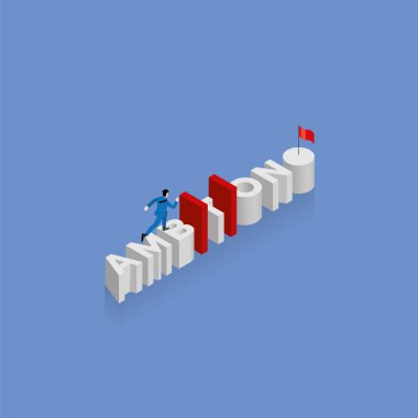 İşadamı koşularının hedefi AMBITION kelimesi, kırmızı engeller bariyeri ve kırmızı bayrak ile alfabe sırasına göre sıralamak. Başarı, meydan okuma, başarı, motivasyon..