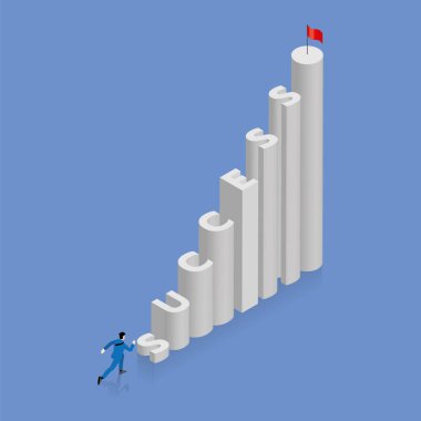 İşadamı koşar ve çok yüksek bir basamağa çıkar, merdiven SUCCESS sözcüğüdür, alfabe sırasına göre dizilir, üstünde kırmızı bayrak ile. İş konsepti hırs, meydan okuma, başarı, motivasyon.