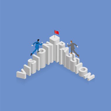 İşadamı bir rakiple merdivenleri çıkıyor, merdiven VISION ve PASSION diye bir metin var, üstünde kırmızı bayrak olan alfabe sırasıyla diziliyor. İş konsepti rekabet, meydan okuma, rakip.