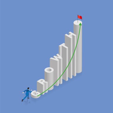 İş dünyasının başarı konsepti, büyü, çubuk grafiğini Green Arrow ile çiz. İşadamı koşar ve çok yüksek bir basamağa çıkar, merdiven mesaj sözcüğüdür GROWTH, alfabe sırasına göre düzenlenir, üst katta kırmızı bayrak.