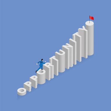 Büyüme çubuğu grafiği, hırs, başarı ve başarı konsepti. İşadamı koşar ve merdivenlerden çıkar, merdiven mesaj sözcüğü OPPORTUNITY 'dir, alfabe sırasına göre sıralanır, üstünde kırmızı bayrak ile..