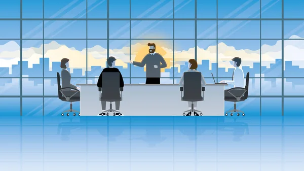 stock vector Business people work hard and brainstorm in the office conference room. Boss gets attention from employee colleagues in serious meetings in the late evening of the working hour with sundown dusk sky.