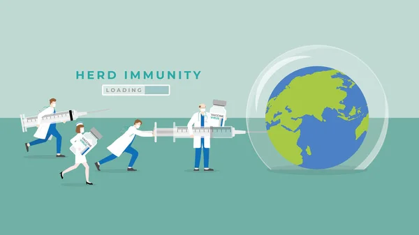 ウイルスが地球の泡のカバーを保護するので免疫の概念を保持しなさい 医療スタッフ医師や看護師がワクチン注射器を注射し 予防接種を行います パンデミックの世界を回復するための協力作業 — ストックベクタ