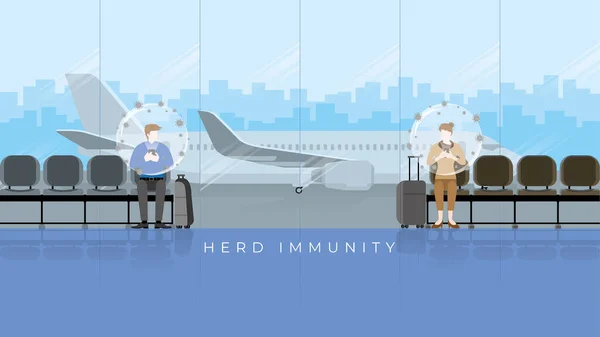 ウイルスが人々の頭部の泡を保護するので免疫の概念を保持しなさい ウイルスの有害な影響から保護された予防接種を受けた人は 通常の生活に戻ります 国際空港ターミナルの旅行バブル — ストックベクタ