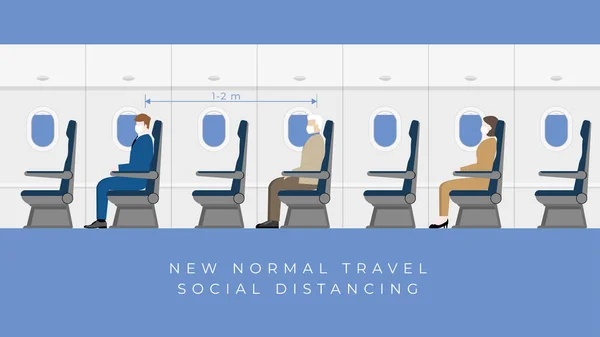 大流行病Covid 19后的公务旅行生活方式 新的常态是与社会保持距离和戴口罩 人们在飞机的机舱里保持距离 平面设计风格矢量概念 — 图库矢量图片