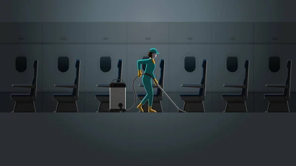 Une Femme Ménage Travaillant Dans Une Cabine Avion Seul Dans — Image vectorielle
