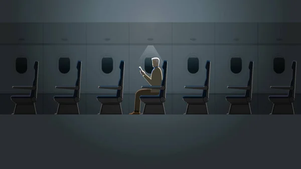 一位年长的白发男子正在黑暗中一个人在一个小灯下的飞机机舱里看书 旅游生活方式载体的概念活动在一个漫长的旅程中 有空座位的飞机内部 — 图库矢量图片