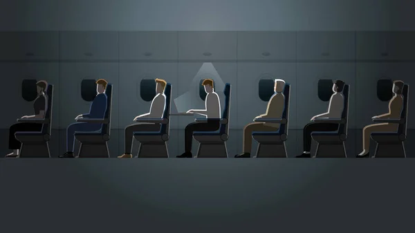当其他乘客在飞机机舱睡觉时 员工领薪人员单独带着笔记本电脑工作 在黑暗和微光下艰苦加班和超负荷工作的出差生活方式 — 图库矢量图片