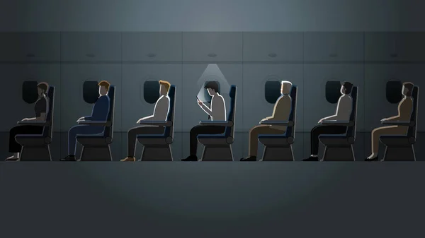 세일즈맨은 승객들 기내에서 스마트폰으로 일한다 여행하는 시간외 근무를 어둡고 가운데 — 스톡 벡터