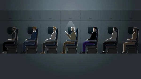 一位年长的白发男子正在黑暗中的小灯光下一个人在飞机机舱里看书 而其他乘客 如商人 正在熟睡 长途旅行中的旅行生活方式 — 图库矢量图片