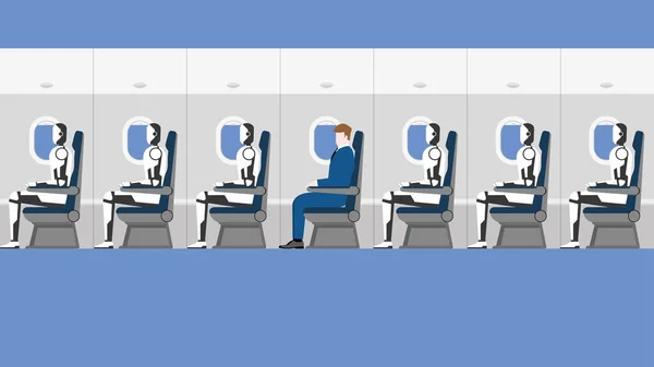 和技术概念 机器人正在取代人类 并使其在未来更新换代 6个机器人坐在飞机机舱里 机上有一位商人作为乘客 — 图库矢量图片