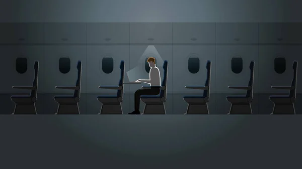 员工的工薪人员在黑暗和微光中独自在机舱里使用笔记本电脑 一种出差的生活方式 工作辛苦 加班和加班 有空座位的飞机内部 — 图库矢量图片