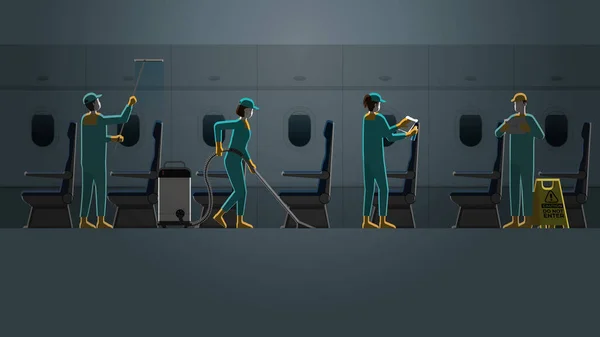 Service Équipe Nettoyage Professionnel Travaillant Dans Cabine Avion Dans Obscurité — Image vectorielle