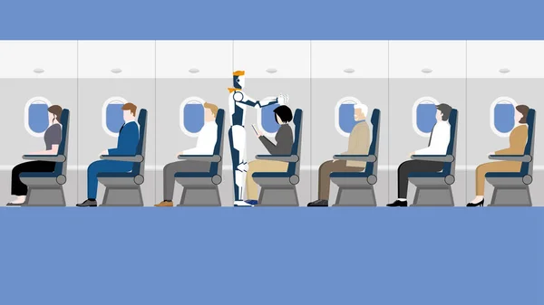 机器人是人们未来日常生活的一部分 机器人是由人类乘坐的飞机上的机组人员组成的 替换和更换空中小姐职业的运输 旅行和技术概念 — 图库矢量图片