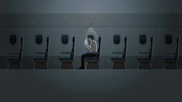 Salarié Employé Travaillant Avec Smartphone Dans Une Cabine Avion Seul — Image vectorielle