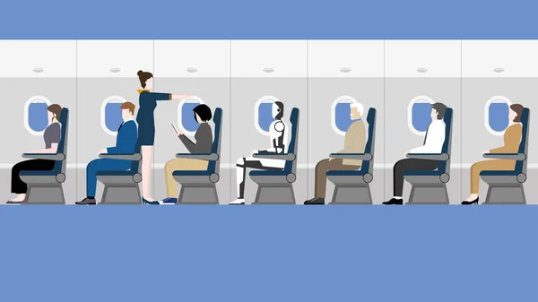 在未来 机器人将成为人们日常生活的一部分 一个与人类乘客和机组人员空姐坐在机舱里的机器人 飞机机舱内的运输和旅行概念 — 图库矢量图片