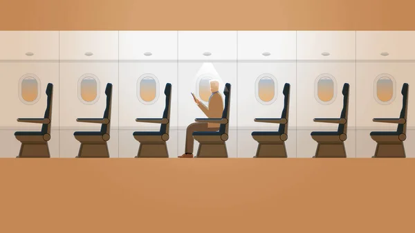 一位年长的白发男子正在橙色日出时一个人在飞机机舱看书 旅游生活方式载体的概念活动在一个漫长的旅程中 有空座位的飞机内部 — 图库矢量图片