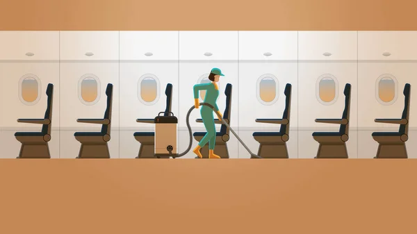 一个在机舱工作的清洁女佣服务的妇女 一个人在橙色晨曦中 为恢复航空公司业务 生活方式艰苦加班和超负荷工作 有空座位的飞机内部 — 图库矢量图片