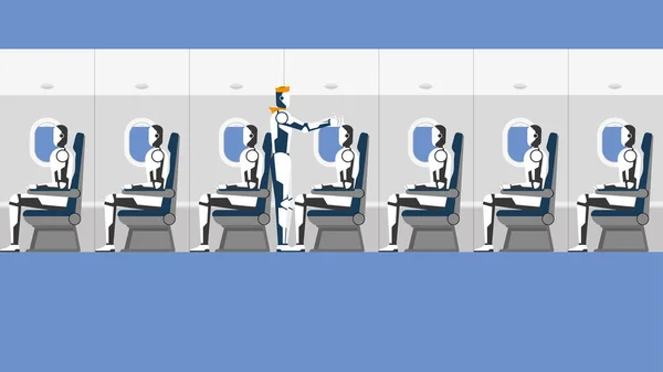 机器人正在取代人类 并使其在未来更新换代 机器人是一个机舱乘务员空姐与机器人乘客 旅行和技术概念在未来主义中的应用 飞机机舱里没有人 — 图库矢量图片