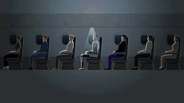 未来的技术概念 机器人将成为人们日常生活的一部分 在黑暗中 当其他乘客 如商人 都在睡觉的时候 一个机器人坐在飞机机舱里 在一盏小灯下醒来 — 图库矢量图片