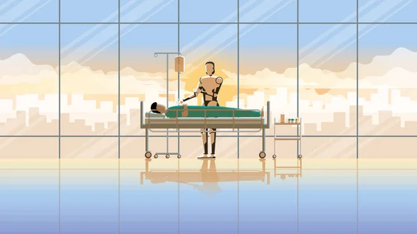 Medische Robot Check Zieke Patiënt Slapen Het Bed Het Ziekenhuis — Stockvector