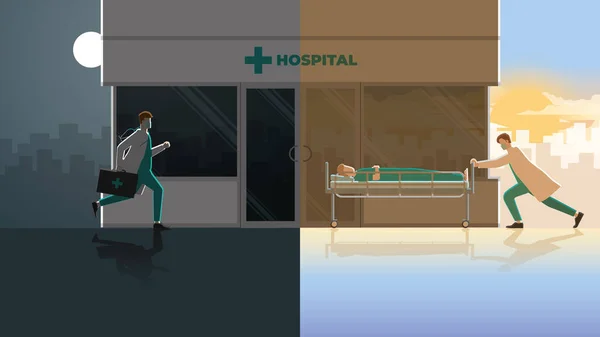 Tag Und Nacht Läuft Ein Arzt Zur Spätschicht Ein Krankenhaus — Stockvektor