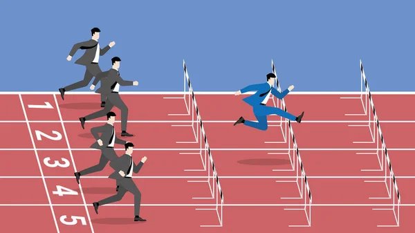 成功的商业竞争概念 跳得最快的领导者会冲破障碍 一位与其他竞争对手不同的商人正在通过跑得更快 跑得更好来争夺竞争对手 — 图库矢量图片