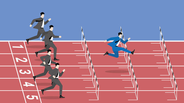 Концепция успешной деловой конкуренции. Самый быстрый прыжок лидера преодолевает препятствия. Другой бизнесмен из других конкурентов конкурирует за соперников, бегая быстрее и лучше начать.