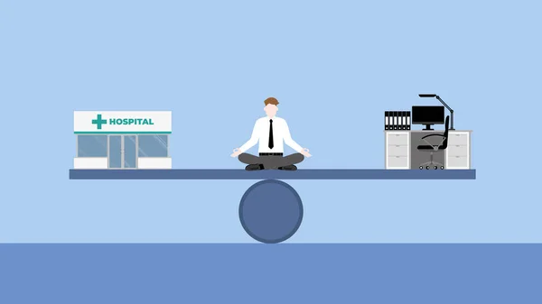 工作生活平衡概念 沉思的商人盘腿坐在医生与医院和工作台之间的锯齿台中央 健康护理与努力工作的平衡的商业生活方式 — 图库矢量图片