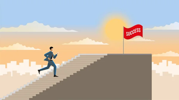 The business leadership concept. The first businessman runs and steps up to the top stair with the goal of a successful red flag. In early morning sunrise. Ambition, growth, achievement, motivation.