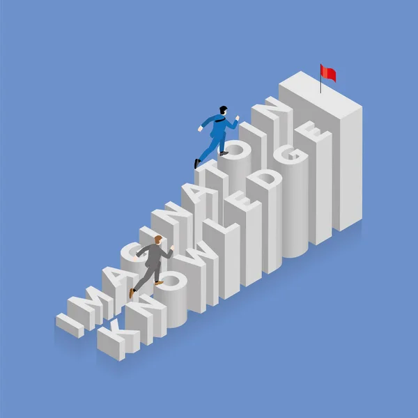 Businessman runs and steps up stair with a competitor, staircase is the word IMAGINATION and KNOWLEDGE, arrange in alphabet order with a red flag on top. The business competition challenge concept.