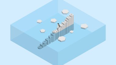 Penguen, yazı yazma buzdağında. Küresel ısınma ve deniz seviyesinin yükselmesi, dünya seli, iklim değişikliği, sera etkisi ve Kuzey Kutbu, Antarktika ve Kuzey Kutbu 'nda yüzen buzullar.