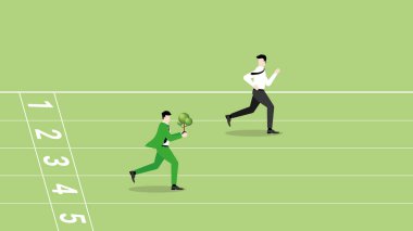 ESG kavramı ve çevreci iş politikası kavramı, bir gezegeni, çevre dostu, sürdürülebilirlik şirketini kurtarmak. Ağacı olan bir işadamı yarış pistinde koşar, lider rekabetinin dikkati üzerindedir..